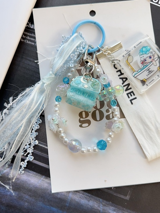 CHANEL Accessories - Authentic CC Ribbon with Blue Piano Charm Keyring with Beads & Tassels